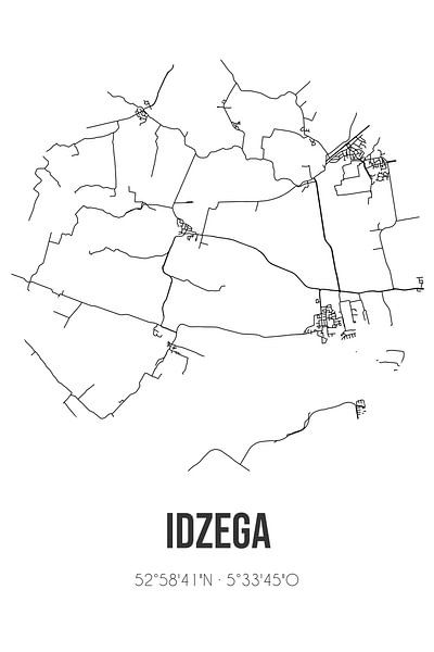 Idzega (Fryslan) | Carte | Noir et blanc par Affiches de lieux