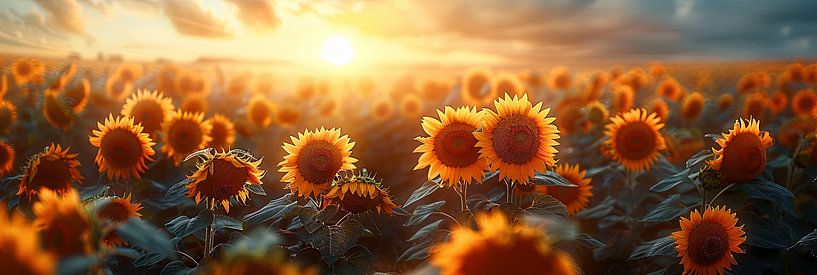 Champ de tournesols à couper le souffle au coucher du soleil dans une campagne idyllique par Poster Art Shop