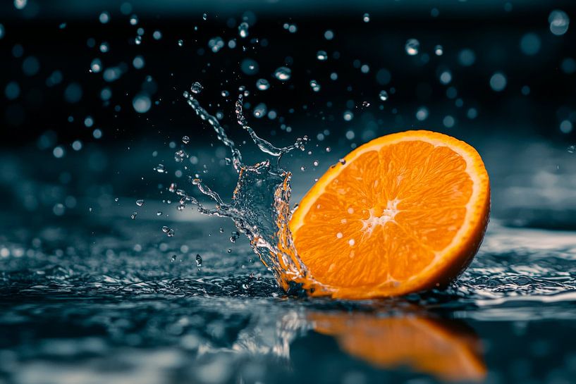 Frische Orange in Regentropfen von Poster Art Shop