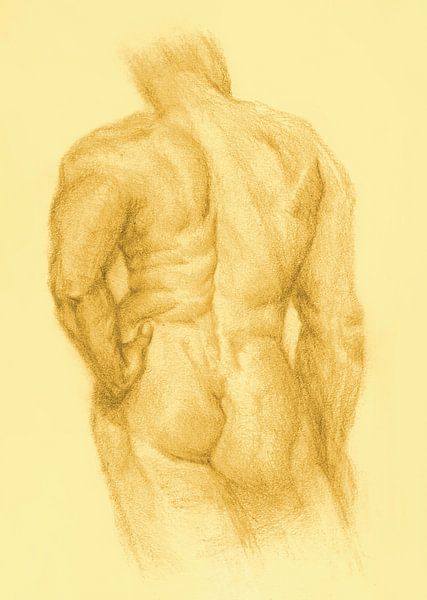 Sketch Man Nude back view bright yellow by Krista Kitsz Art