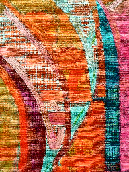 Abstracte kunst in linnen structuren: oranje-roze en blauw/groen van Studio Pieternel