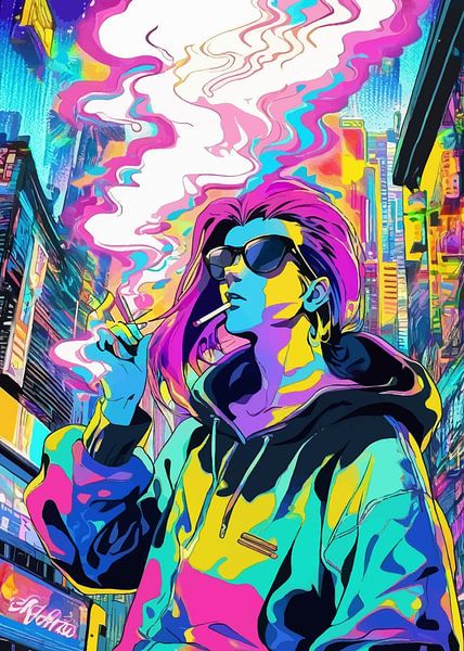 Cyberunk Mann rauchend mit bunter Stadtlandschaft von MIROKKU
