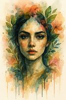 Natur's Enigma: Ausdrucksstarkes Aquarell-Frauenporträt mit botanischen Elementen