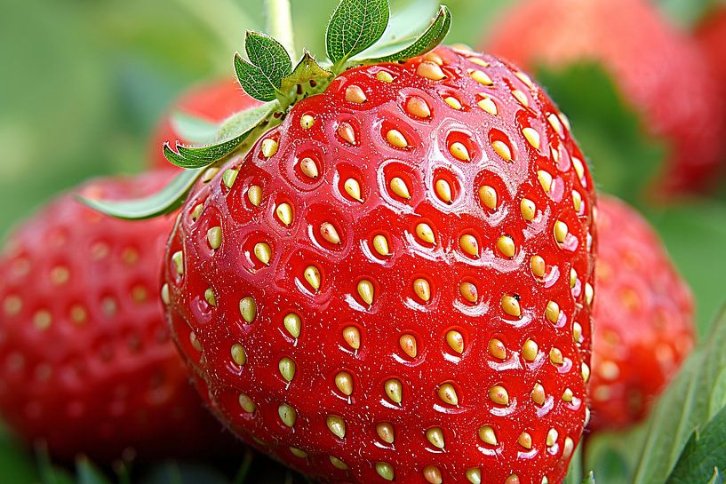 Reife rote Erdbeere mit frischen grünen Blättern von Art & Soul Creations