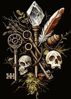 Mystical composition of keys, skulls and crystal