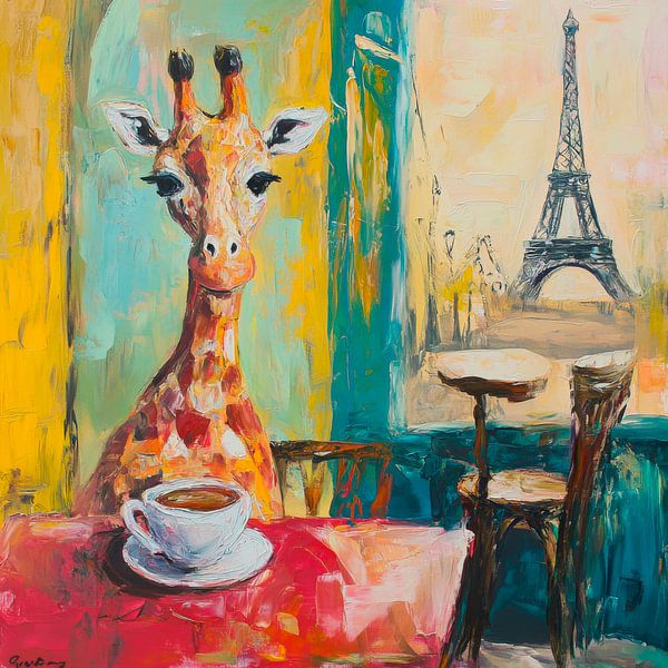 Giraffe im Café mit Eiffelturm von Poster Art Shop