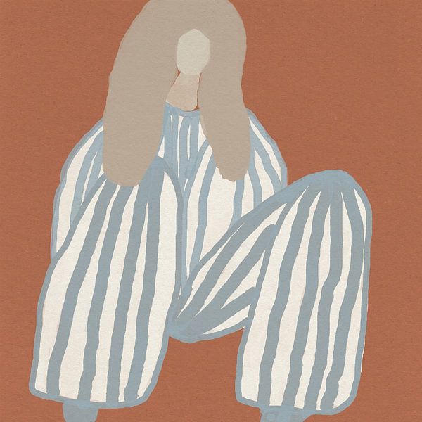 Stripes. Female in retro style. Terracotta, blue, beige, white. by Dina Dankers