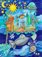 Der kleine Astronaut im Raumschiff auf Raumfahrt