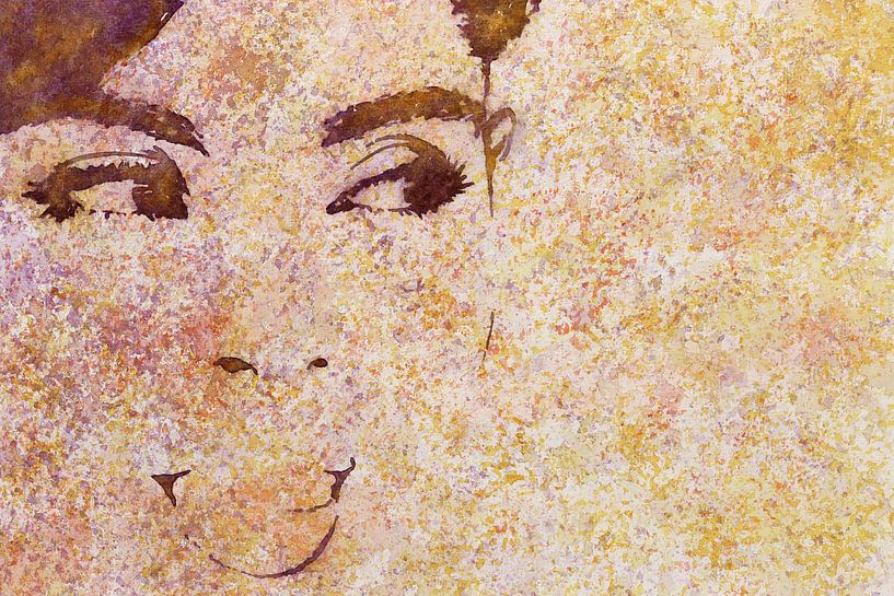 Flirten (gelbe Aquarellmalerei Porträt Gesicht Frau schließen Augen sexy naughty Schlafzimmer) von Natalie Bruns