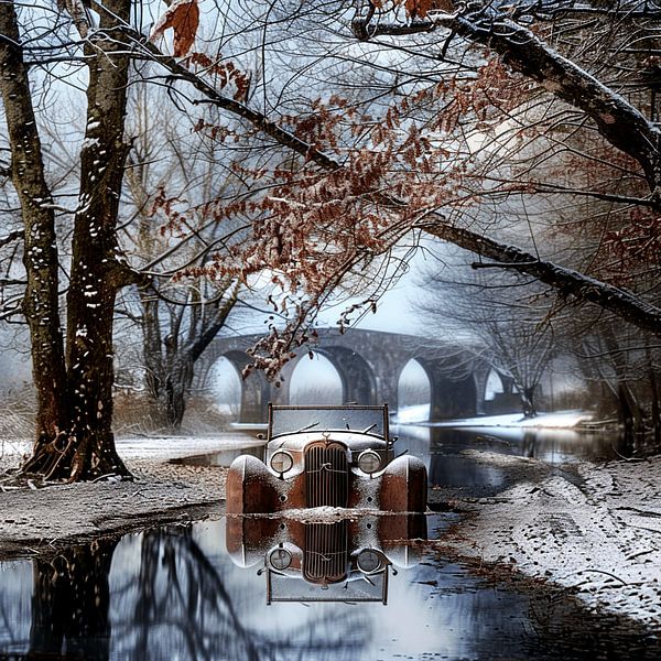 Mercedes Benz vintage car open rusty in puddle in winter by gm_designs