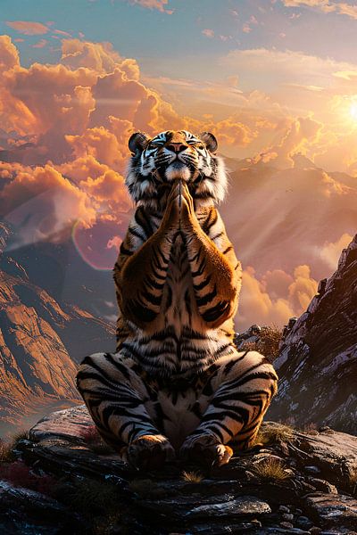 Tiger meditates on mountaintop by Art & Soul Creations