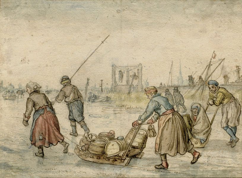 Bauern mit Schlitten auf Eis, Hendrick Avercamp, 1595 - 1634 von Marieke de Koning