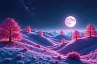 Rosafarbene Bäume auf sanften Hügeln im Vollmond-Fantasieland