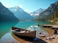 An old rowing boat lies on the shore of a mountain lake