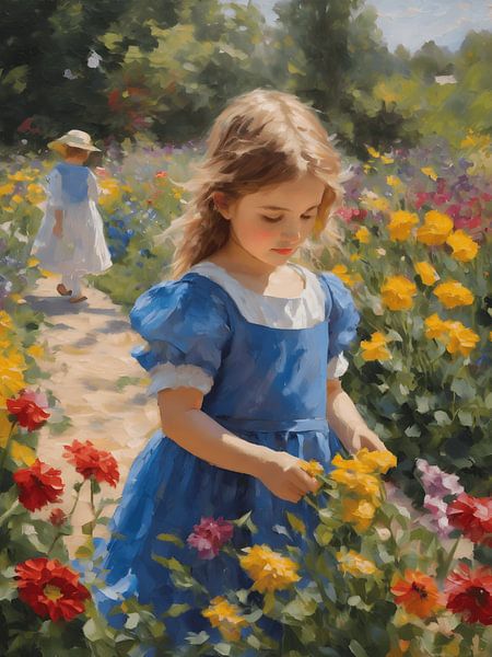 Impressionismus Mädchen in einem Blumengarten von Jolique Arte
