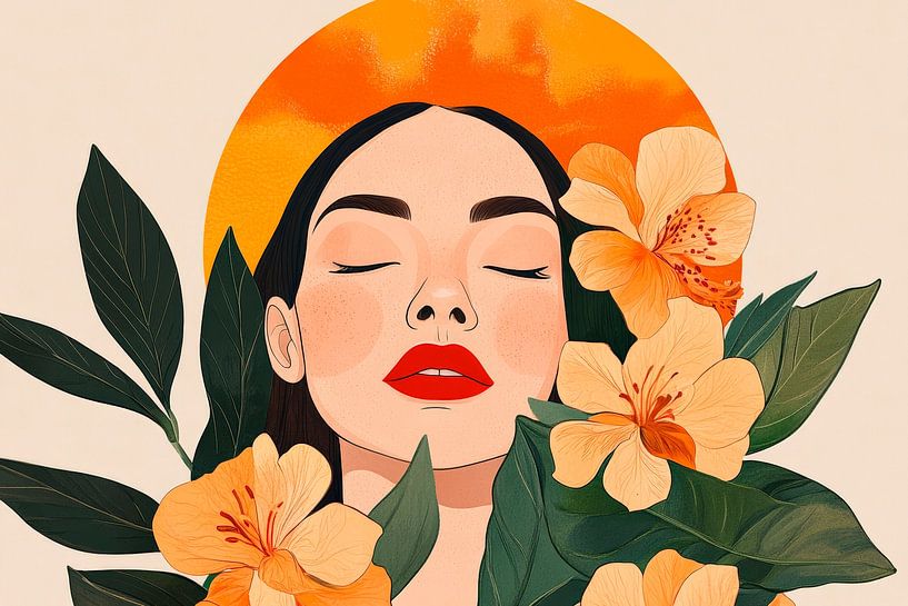 Femme aux lèvres rouges et aux fleurs par Poster Art Shop