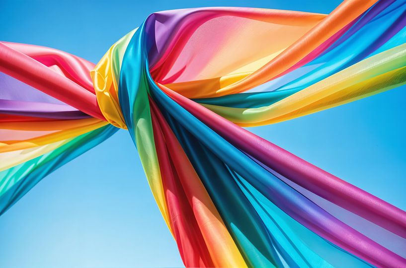 rainbow fabric flag against the bright blue sky background by Markus Gann