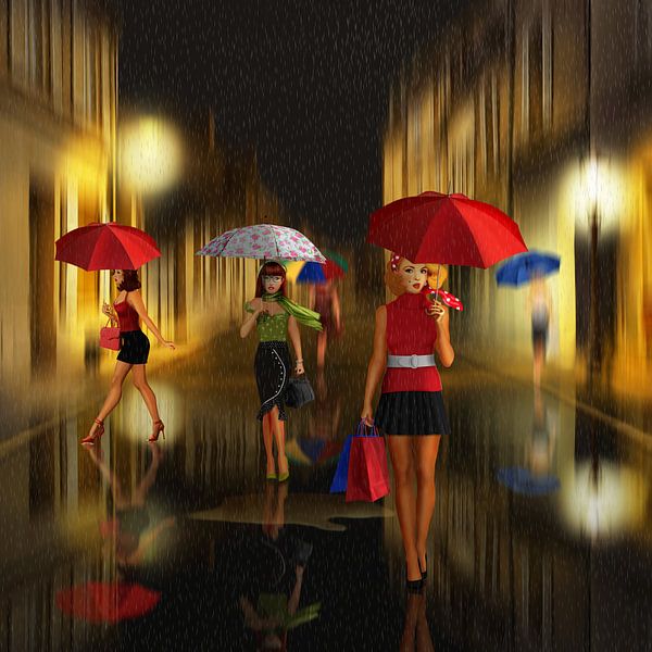 Ladies shopping nuit sous la pluie par Monika Jüngling