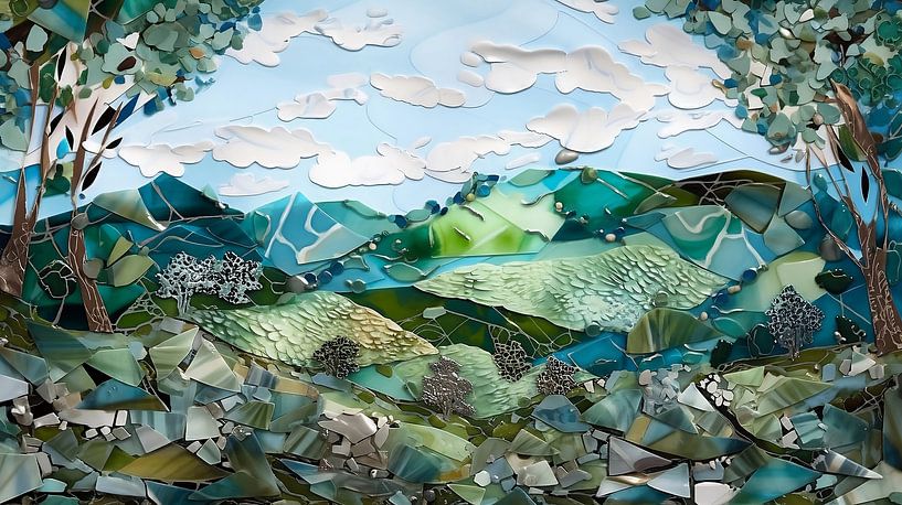 Landscape of shards of glass, porcelain, pottery and acrylic paint by Jan Bechtum