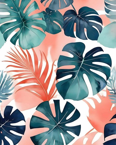 Teal And Coral Monstera Leaves by Kintsugi99 