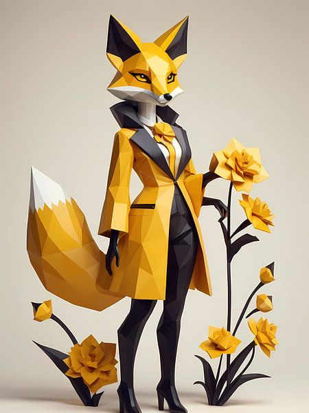 Fille renard floral low poly, noir et jaune par 1xMerch