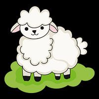 Cute cartoon sheep with fluffy white wool standing on green grass.