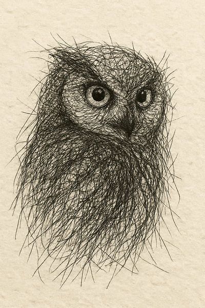 Thread portrait of an owl (natural colours Boho style birds night animal drawing) by Natalie Bruns