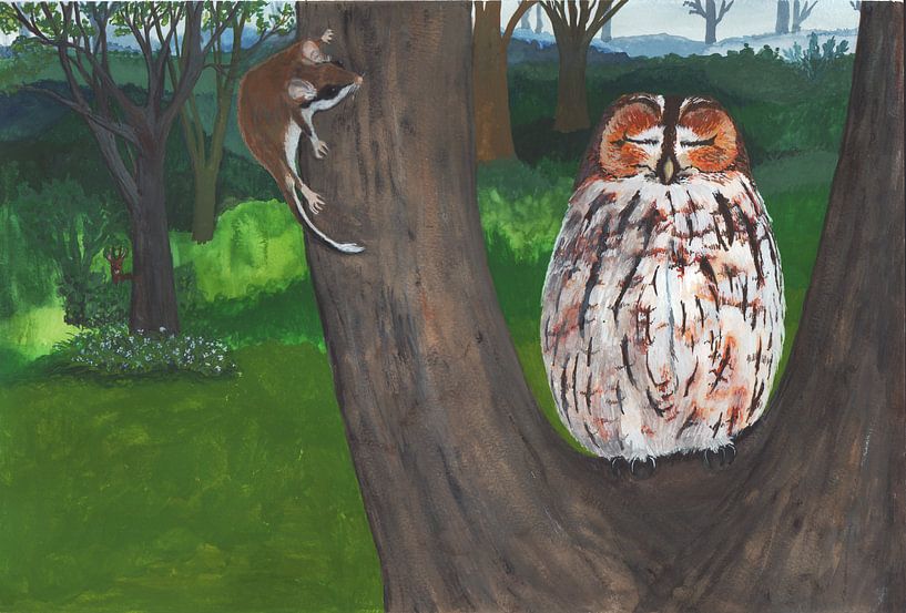 La souris à gland rencontre la chouette hulotte, plaque de recherche à la gouache par Marjolijn de Winter