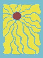 Retro 70s style wavy illustration of a sunflower with blue sky