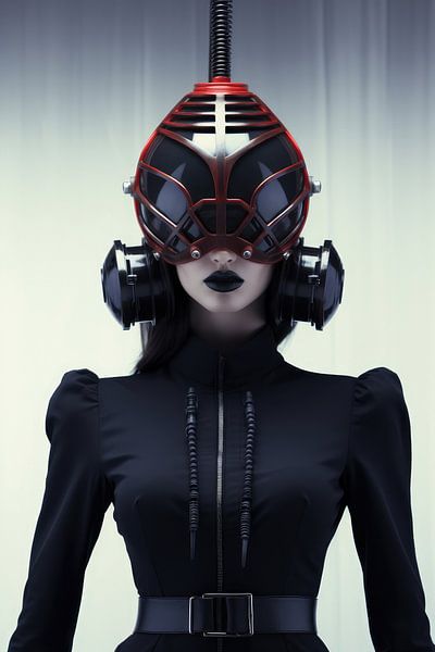 Digital erstellt sehr schöne sexy Frau mit bizarren Fetisch Maske in High Fashion Stil von Art Bizarre