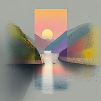 Landschaft mit Bergen und See in Neonfarben