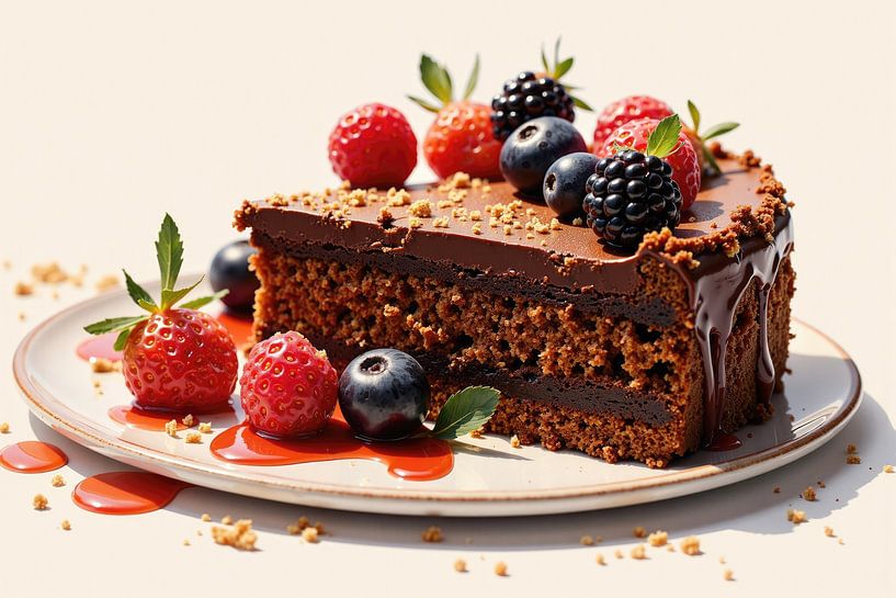 Köstlicher Schokoladenkuchen mit frischen Beeren, die auf der Torte liegen von Markus Gann