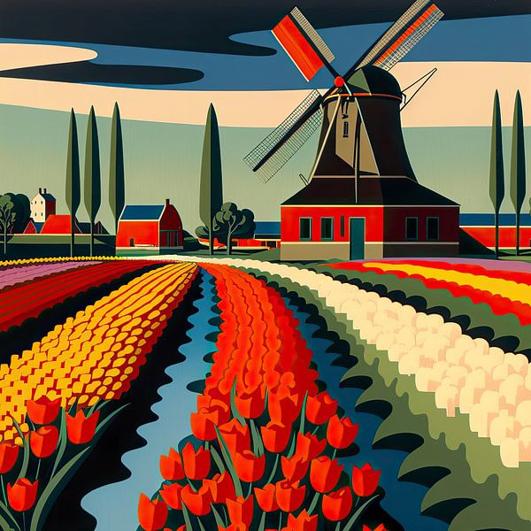 Minimalistisches niederländisches Tulpenfeld mit einer Windmühle von Vlindertuin-Art
