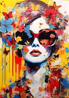 Frau mit Sonnenbrille und Schmetterlingen Pop Art