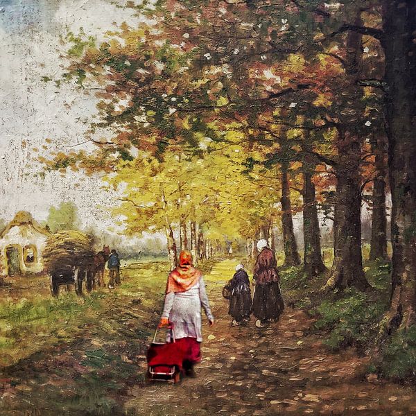 Spaziergang im Jahr 1880 (Frau mit Kopftuch und Koffer im Bild) von Ruben van Gogh - smartphoneart