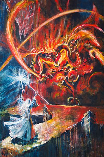 Seigneur des Anneaux Gandalf peinture magicien rouge et bleu par Anja Namink - Peintures