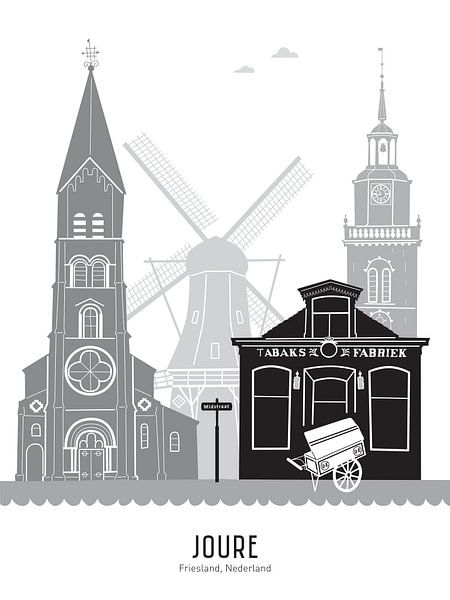 Skyline-Illustration Joure in schwarz-weiß-grau von Mevrouw Emmer
