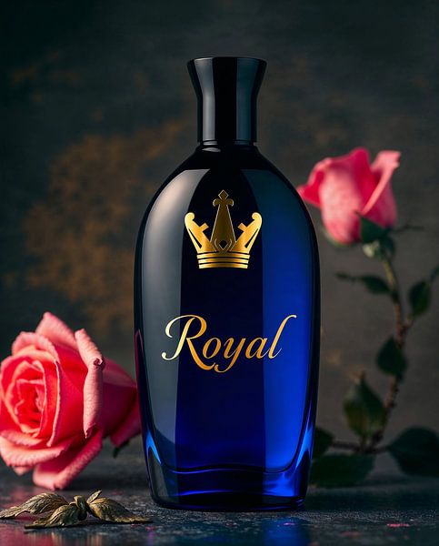 Royal blue designer bottle with crown and Royal lettering in gold by Liona Toussaint