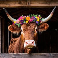Taureau avec une magnifique couronne de fleurs dans une étable en bois