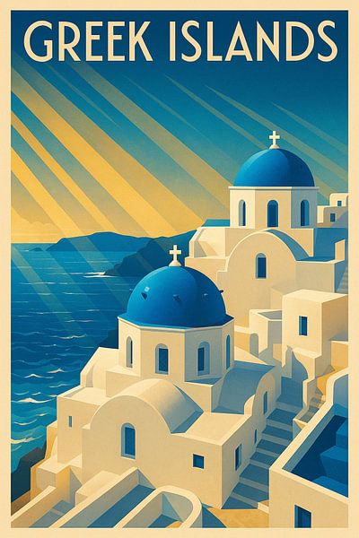 Greek Islands Art Deco Poster – Santorini Wall Art by Travel Shop