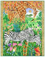 Girafe et zèbres au milieu d'une flore et d'oiseaux dynamiques