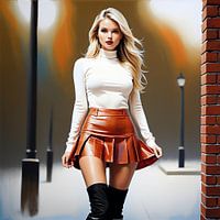 Frau im Minirock mit oberschenkelhohen Stiefeln moderne Pop-Art