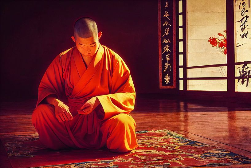 Shaolin monk sitting in a temple doing his meditation illustration by Animaflora PicsStock