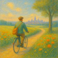 On the road. Man on bicycle. On course, future and inner destiny