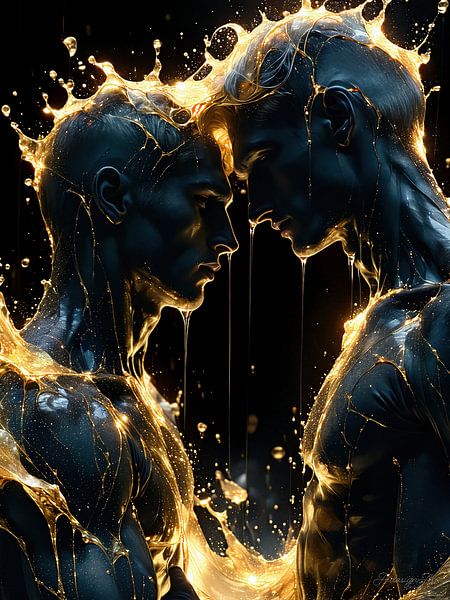 Under golden rain: Two bodies head to head in silent devotion - intimacy, sensuality and transformation between light, skin and liquid gold by AidasignArt