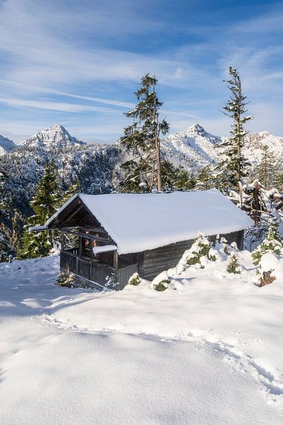 Einsame Berghütte im Winter im schnee zum Sonnenaufgang nahe des Plansee in Tirol von Daniel Pahmeier