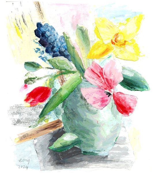 Bunter Frühlingsstrauß im grünen Krug von Atelier BIS