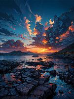 Sunset at rocky shoreline