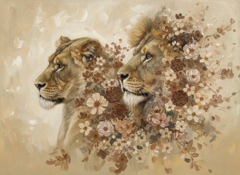 Un lion et une lionne dans une explosion de fleurs par By Marjolein Design