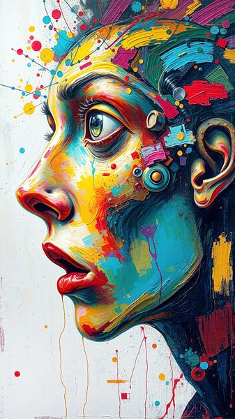 Un moment d'émerveillement bizarre, un visage abstrait figé dans un rythme de pulsation sauvage de la couleur (3 sur 3) par AidasignArt